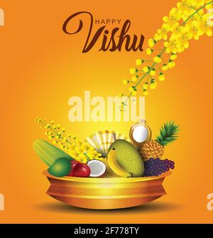 Auguri di buon Vishu. Aprile 14 Kerala festival con Vishu Kani, vishu fiori frutta e verdura in un vaso di bronzo. Disegno di illustrazione vettoriale Illustrazione Vettoriale