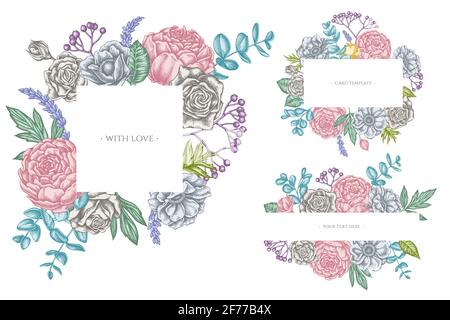 Cornici floreali con rose pastello, anemone, eucalipto, lavanda, pony, viburnum Illustrazione Vettoriale