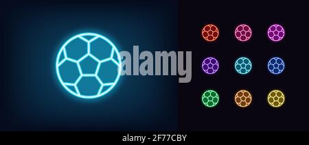 Icona pallone da calcio al neon. Brillante simbolo di calcio al neon, silhouette a palla con colori vivaci. Gioco online, partita sportiva, torneo, live broadcast e s Illustrazione Vettoriale