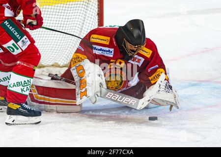 04/05/2021, Langnau im Emmental, Ilfisalle, Lega Nazionale: Tigri SCL - Lions ZSC, 29 portiere Damian Stettler (Tigri) (SVIZZERA/Croazia FUORI) Foto Stock