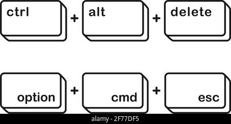 Ctrl Alt elimina e Option cmd esc tasti di scelta rapida per imponi l'uscita dei tasti della tastiera nell'icona vettoriale Illustrazione Vettoriale