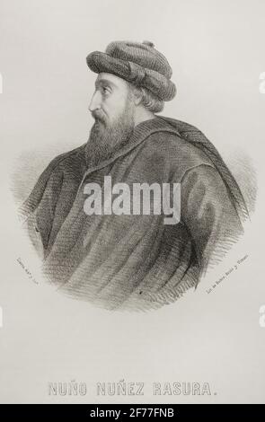Nuño Nuñez Rasura (c.. 789-c. 862), Conte di Amaya. Giudice leggendario di Castiglia. Verticale. Illustrazione di Llanta. Litografia. Crónica General de España, Historia Ilustrada y Descriptiva de sus Provincias. Castilla-la Vieja, 1870. Foto Stock