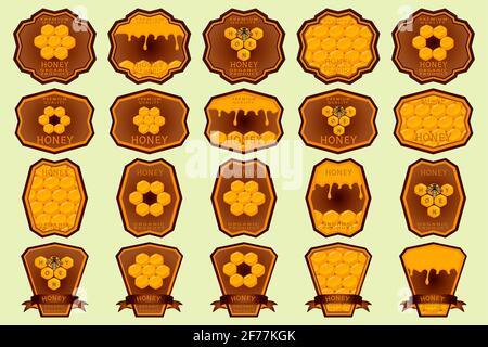 Illustrazione sul tema per l'etichetta grande dell'insieme di zuccherato che scorre giù il miele in nido d'ape con l'ape. Modello di etichetta composto da kit miele appiccicoso al honeycom Illustrazione Vettoriale