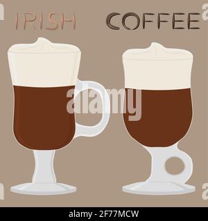 Illustrazione sul tema per cocktail di crema caffè irlandese in tazza di vetro con schiuma. Modello di cocktail composto da caffè irlandese freddo con whisky, frappé Illustrazione Vettoriale