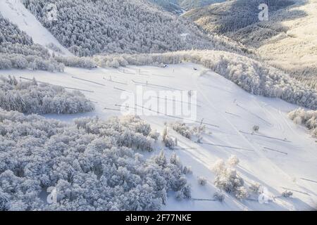 Francia, Alto Reno (68), Parc naturel régional des ballons des Vosges, Rouge Gazon ski aera (vue aérienne Foto Stock