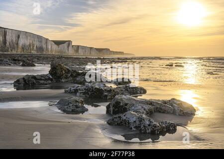 Francia, Somme, Ault, le scogliere della Piccardia al tramonto ad Ault e l'altopiano calcareo vicino alla spiaggia di sabbia Foto Stock