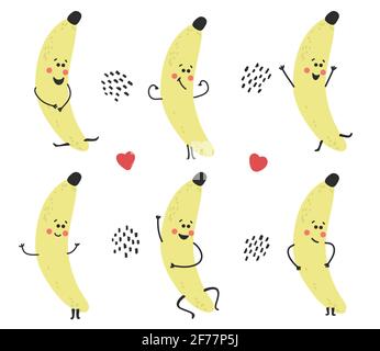 Set di banane gialle divertenti e divertenti disegnate a mano. Carattere allegro e infantile. Raccolta di frutta sana. Dolce e gustoso. Illustrazione vettoriale Illustrazione Vettoriale
