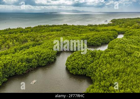 Francia, Caraibi, Antille francesi, Guadalupa, Grande-Terre, Morne-à-l'Eau, Parco Nazionale della Guadalupa, Grand cUL-de-SAC marin, scoperta della mangrovia da Vieux-Bourg in bici da mare, vista aerea dell'ingresso al fiume Gaschet Foto Stock