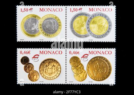 Monaco, francobolli, euro Foto Stock