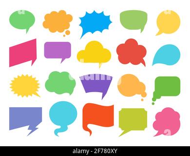 Set di icone colorate piatte delle bolle vocali. Elementi di design vuoti per fumetti, messaggi di testo, commenti chat, idea pensiero, discussione. Parla le forme delle palloncini, parla le nuvole, il banner di pensiero cartoon, etichetta nota Illustrazione Vettoriale