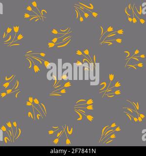 Motivo floreale senza cuciture. Fiori gialli disegnati a mano su sfondo grigio. Foto Stock