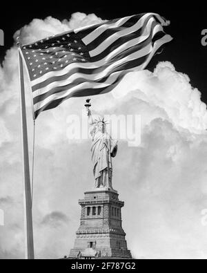 Stati Uniti d'America bandiera americana con la Statua della Libertà New  York skyline Silhouette illustrazione Foto stock - Alamy