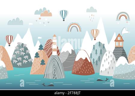 Carino paesaggio senza giunture con onde di mare, montagne, faro, nuvole e arcobaleni. Concetto di viaggio, poster orizzontale per bambini. Orizzontale Illustrazione Vettoriale