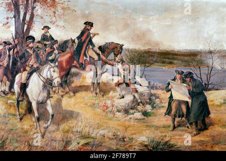 1700 1776 GEORGE WASHINGTON GUARDANDO LA BATTAGLIA DI FORT WASHINGTON DA FORT LEE NJ NOVEMBRE 16 1776 DIPINTO DI DUNSMORE - KH6015 PLE001 HARS HUDSON RIVER LEE VECCHIO STILE Foto Stock