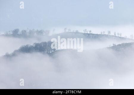 Paesaggio montano, nebbia tra le cime della montagna, Campania, Italia Foto Stock