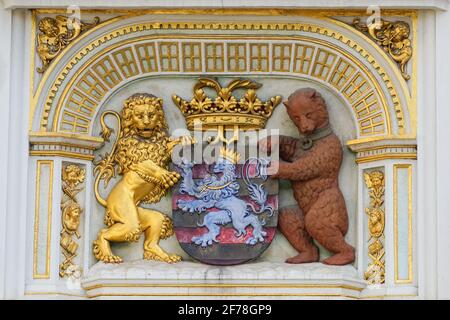 Bruges stemma sul Palazzo della libertà di Bruges, Belgio Foto Stock