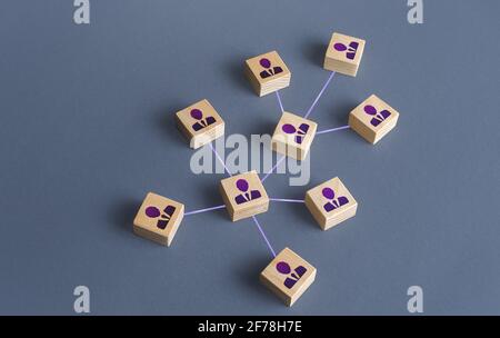 Persone collegate da una struttura aziendale di rete. Interazione tra dipendenti o membri della comunità. Gestione del personale di rete. Distribuzione re Foto Stock