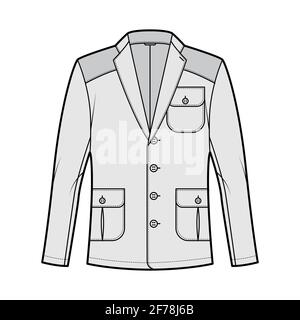 Giacca da tiro caccia illustrazione tecnica moda con maniche lunghe, colletto intagliato, rivestimento, spalla gomito Patch. Rivestimento piatto anteriore, posteriore, bianco, grigio. Donna uomo unisex Blazer CAD mockup Illustrazione Vettoriale