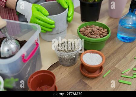 Belle piante in vaso e argilla espansa su tavolo di legno a casa. Hobby  coinvolgente Foto stock - Alamy