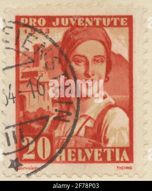 Timbro dell'Associazione Filatelista di Gösta Bodman, iniziato nel 1950. Il francobollo dalla Svizzera, 1933. Motivi del costo delle donne, Tessin. Foto Stock