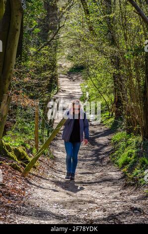Una donna parla sul suo telefono cellulare come lei va su una passeggiata attraverso boschi che è verde con nuove foglie all'inizio di aprile. Foto Stock
