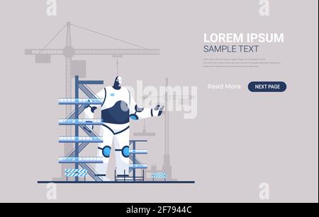 moderno ingegnere capo robot contro cantiere con torre di costruzione tecnologia di intelligenza artificiale delle gru Illustrazione Vettoriale