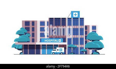 costruzione ospedaliera e ambulanza auto centro medico concetto clinica moderna esterno Illustrazione Vettoriale
