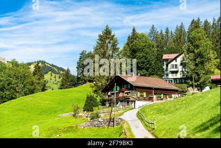 Case tradizionali in legno a Wengen, Svizzera Foto Stock