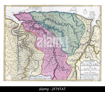 Mappa di Suriname, Joachim Ottens, incisione vintage. Foto Stock