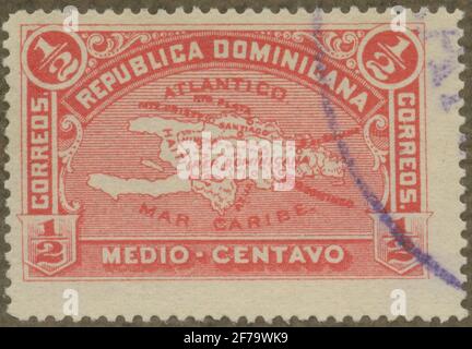 Francobollo della Collezione Filatelista di Gösta Bodman, iniziato nel 1950. Il francobollo da Dominica, Caraibi, 1900. Mappa della Mappa di Mantica. Foto Stock