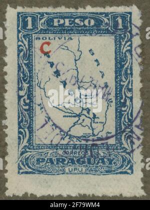 Francobollo dell'Associazione Filatelista di Gösta Bodman, iniziato nel 1950. Il francobollo dal Paraguay, 1924. Mappa con Paraguay, Bolivia e Brasile. Foto Stock