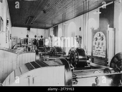 All'interno della prima centrale elettrica trifase 1893 della Svezia dopo l'installazione del generatore 5 per l'illuminazione. Era 150 hp e monofase. Dal generatore 5, solo due conduttori conducono al tetto. Eretto da ASEA. Foto Stock