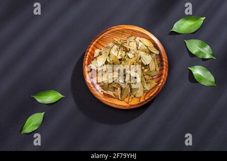 Erythroxylum coca - foglie di coca essiccate nella ciotola Foto Stock