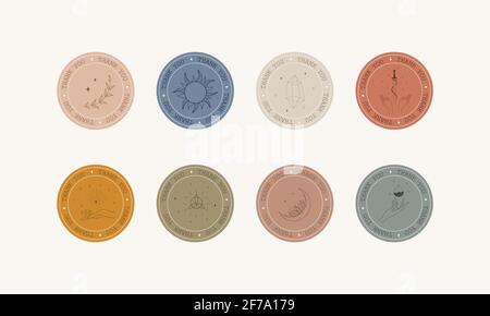 Set di boho grazie badge, etichette e adesivi. Grazie per le icone degli ordini. Illustrazione vettoriale moderna in stile lineare. Utilizzare per etichette, tessuti Illustrazione Vettoriale