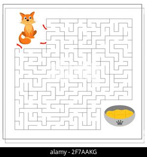 Un gioco di labirinto per i bambini. Guida il gatto attraverso il labirinto al letto. Vettore isolato su sfondo bianco Illustrazione Vettoriale