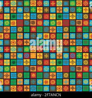 Colorato sfondo senza soluzione di continuità con i simboli etnici in piazze Illustrazione Vettoriale