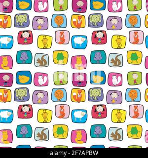 Modello senza soluzione di continuità con gli animali e i bambini in stile doodle Illustrazione Vettoriale