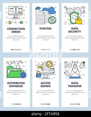 Modello di schermate di onboarding lineari del sito Web vettoriale. Sicurezza dei dati e condivisione dei file, trasferimento. Banner dei menu per lo sviluppo di siti Web e app mobili Illustrazione Vettoriale