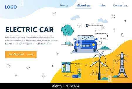 Modello di disegno lineare dell'arte del sito Web vettoriale. Fonte di energia elettrica per auto e turbine eoliche. Concetti di landing page per lo sviluppo di siti Web e dispositivi mobili Illustrazione Vettoriale