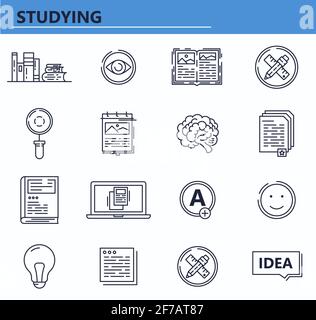 Insieme vettoriale di istruzione, libri, icone della conoscenza in stile sottile. Icona dell'interfaccia utente del sito Web e dell'app Web per dispositivi mobili. Illustrazione del progetto. Illustrazione Vettoriale