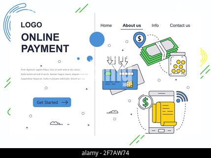 Modello di disegno lineare dell'arte del sito Web vettoriale. Pagamento di denaro online e nuova tecnologia bancaria. Concetto FinTech. Concetti di landing page per il sito Web e. Illustrazione Vettoriale