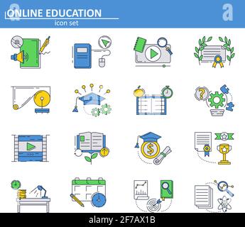 Insieme vettoriale di icone di formazione online in stile sottile. Corsi e tutorial online per la scuola e l'università. E-learning. Interfaccia utente del sito Web e app Web per dispositivi mobili Illustrazione Vettoriale