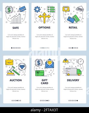 Modello di schermate di onboarding lineari del sito Web vettoriale. Grafico finanziario, asta e consegna di carte regalo. Banner dei menu per il sito Web e l'app mobile Illustrazione Vettoriale