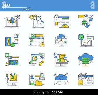 Insieme vettoriale di ottimizzazione SEO e marketing digitale su Internet. Servizi online, archiviazione su cloud e social network. Icone in stile sottile Illustrazione Vettoriale