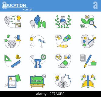 Insieme vettoriale di icone di istruzione scolastica e universitaria in stile sottile. Icona dell'interfaccia utente del sito Web e dell'app Web per dispositivi mobili. Illustrazione del progetto. Illustrazione Vettoriale