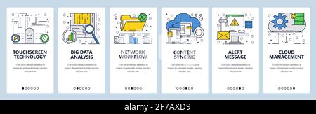 Modello di schermate di onboarding lineari del sito Web vettoriale. Servizi cloud online, tecnologie touchscreen e di sincronizzazione e analisi dei big data. Menu Illustrazione Vettoriale