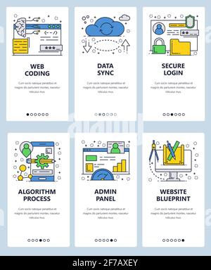 Modello di schermate di onboarding lineari del sito Web vettoriale. Codifica Web e servizi Internet, sincronizzazione dei dati, accesso sicuro, pannello di amministrazione. Banner di menu per Illustrazione Vettoriale