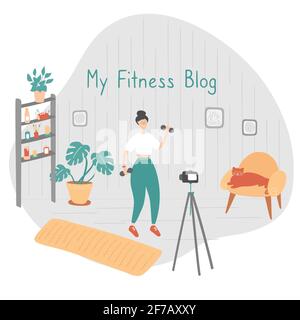 Fitness blogger. Giovane donna registra video. Sportswoman mostra esercizi sul blog. Internet STAR sta trasmettendo dal vivo per i suoi seguaci. Piatto vettoriale Illustrazione Vettoriale