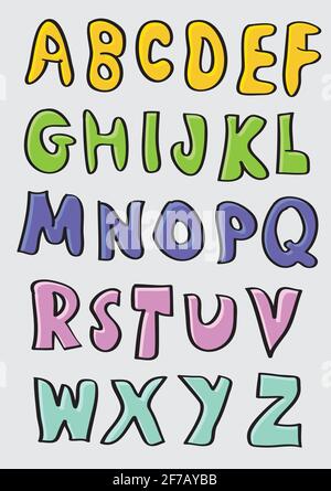 Illustrazione vettoriale di lettere maiuscole disegnate a mano in più colori isolati su sfondo grigio. Illustrazione Vettoriale