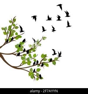 Gregge di uccelli volanti sul ramo dell'albero Illustrazione Vettoriale